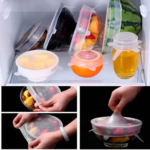 Kit 6 Tampas De Silicone Para Geladeira Potes