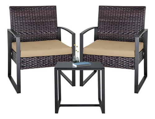 Set Muebles Jardín 3pzs Rattan Con Cojines, Mesa Vidrio - Ma