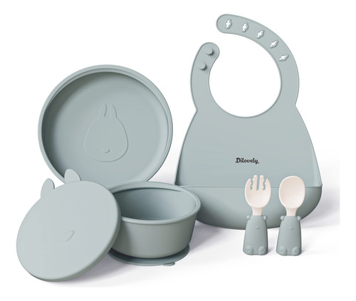 Juego Utensilios Alimentación Bebé Silicona Baberos Verdes 6