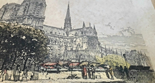 Franz Xaver Wolf Grabado Acuarelado Notre Dame Paris Francia