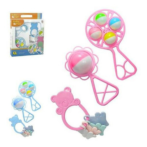 Imagem 2 de 2 de 2 Chocalho + Mordedor P/ Bebê - Baby Play Set -3 Peças Rosa
