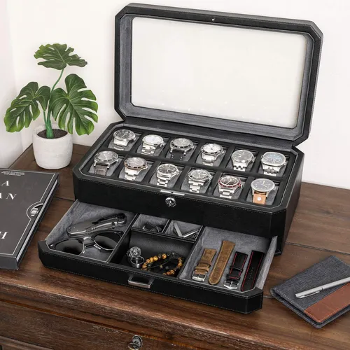 Caja De Reloj Rothwell De Piel Con 12 Ranuras Y Cajón Para A