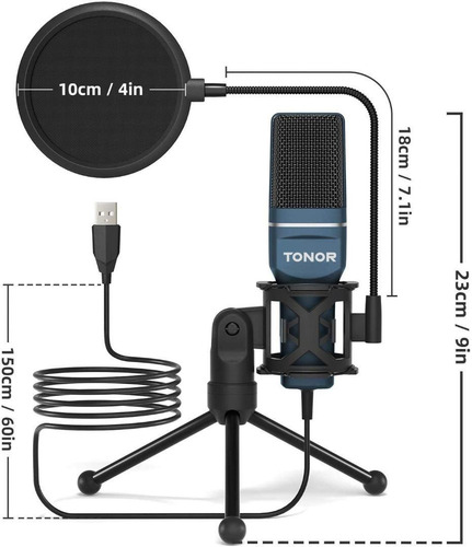 Imagen 2 de 8 de Micrófono Usb Tonor Con Trípode Y Condensador Modelo Tc-777