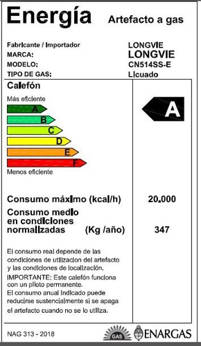 Imagen 2 de 2 de Calefón Longvie Tiro Natural Pilotless 14 Litros Cn514ss Ge