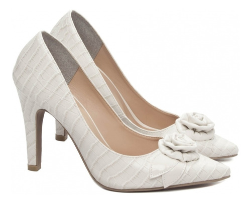 Imagem 3 de 5 de Scarpin Sapato Noiva Branco Off White Croco Salto Alto Macio