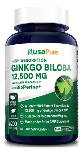 Ginkgo Biloba 12500 Mg Con Bioperina Nusapure 200 Capsulas