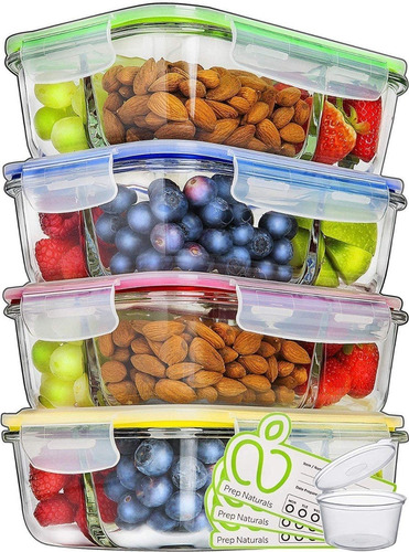 Set 4 Contenedores Vidrio Con 3 Divisiones P/ Alimentos 34oz