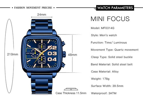 Mini Focus Reloj Luminoso Rectangular De Acero Para Hombre