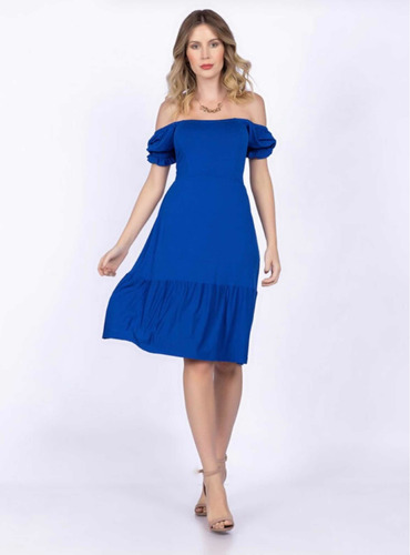 Imagem 2 de 6 de Vestido Malha Ombro A Ombro Com Manga Elastex Azul Royal