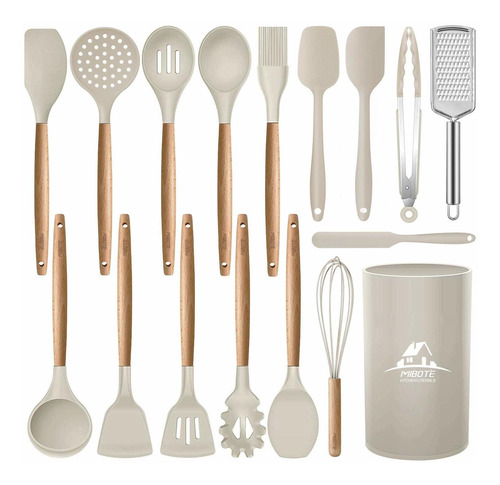 Set 17 Utensilios Cocina Silicona Y Madera Para Antiadherent