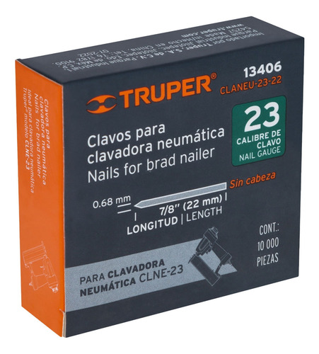 Clavos Calibre 23, 22mm Caja Con 10,000 Truper 13406