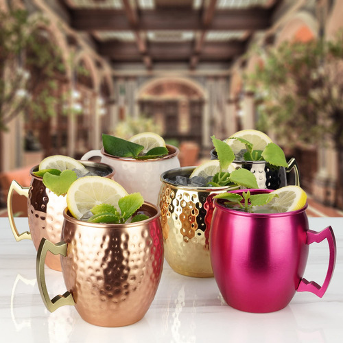 Arora Moscow Mule - Juego De 4 Tazas De Aluminio Martilladas Hechas A Mano Para Bebidas De Cóctel, Bar De Cerveza, Regalos De Fiesta, Color Cobre, 29 Onzas