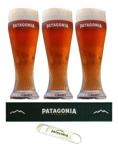 3 Vasos De Cerveza Patagonia Curvos + Esterilla + Destapador