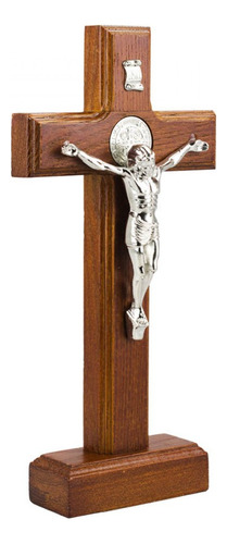 Crucifixo De Mesa Madeira Enfeite Religioso Católico 23,5 Cm Cor Marrom E Prata