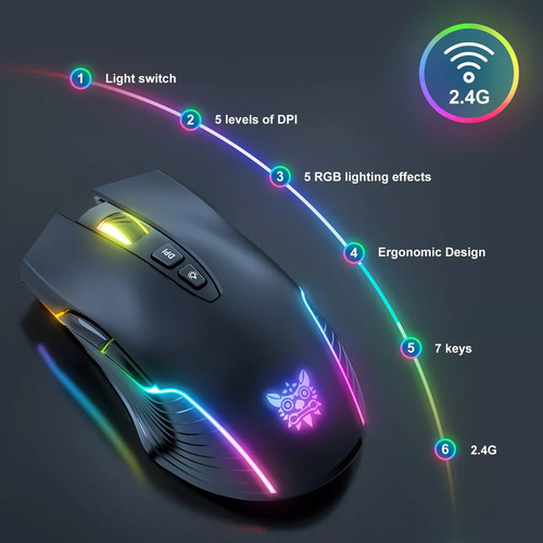Mouse Gamer Inalambrico Onikuma 7 Botones 3600dpi Rgb Recarg