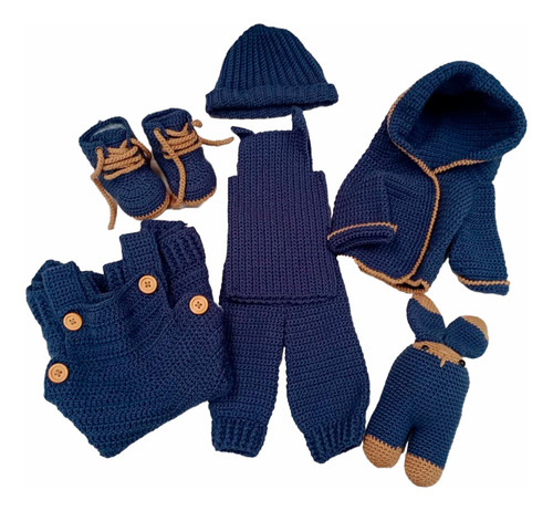 Kit Ajuar De Bebé Azul Tejido A Crochet Artesanal