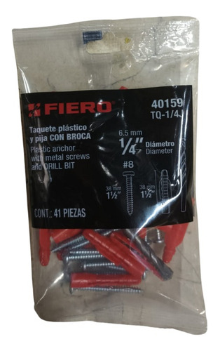 Kit 20 Taquete Plastico 1/4 Con Pijas #8 Y 1 Broca Fiero