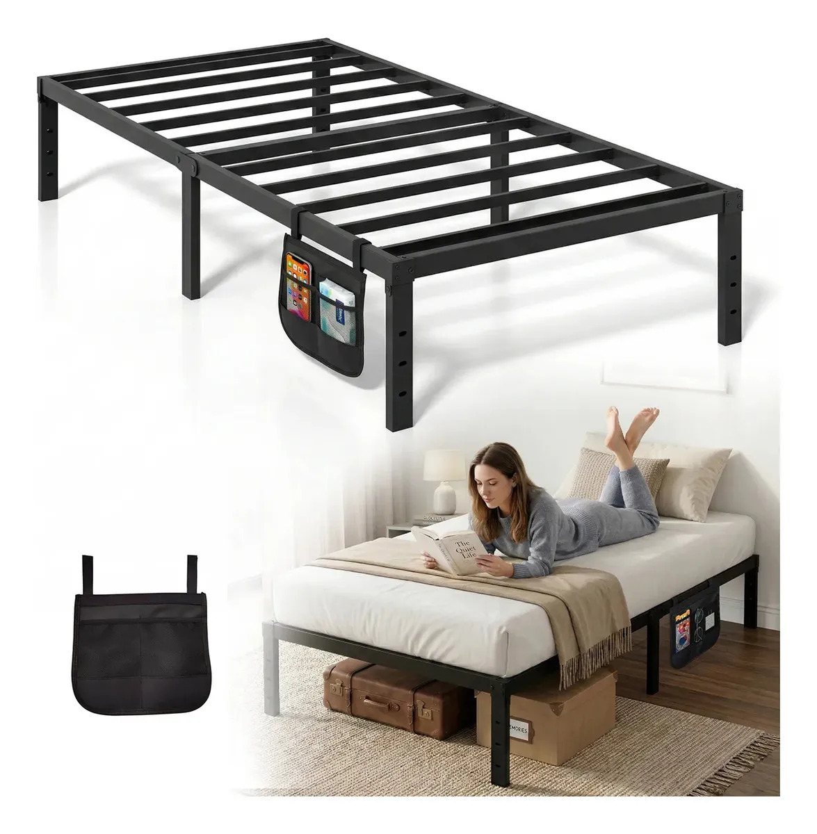 Cama Individual De Metal Negra 190×96×36 Cm Base Marco Resistente Con Almacenamiento Debajo Incluye Bolsa Organizadora