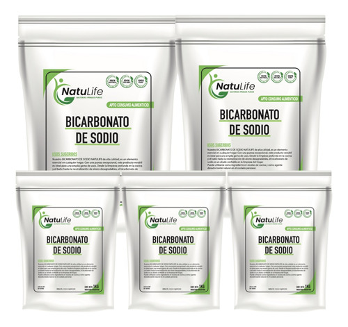 Bicarbonato De Sodio Premium 1 Kg Apto Alimenticio Combo X 5