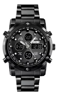 Reloj pulsera Skmei Digital 1389 de cuerpo color negro, analógico-digital, para hombre, fondo negro, con correa de acero inoxidable color negro y mariposa