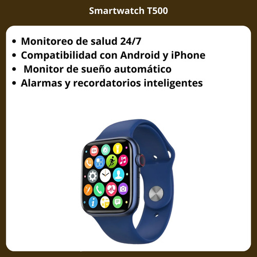 Smartwatch T500 Llamadas Con Cargador Usb 220v 1a Celular Celeste Liso Celeste Negro