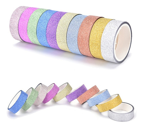 10 Fitas Adesiva Com Glitter Washi Tape Scrapbook