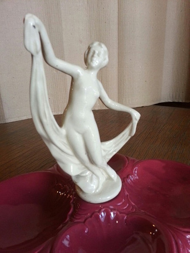 Hermoso Centro Art Deco Ceramica Mayolica Con Figura Mujer