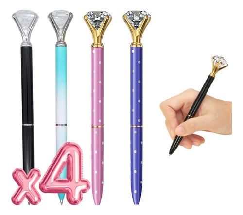 Set 4 Plumas Diamante Retráctiles De Metal Diseño Elegante Tinta Negro Exterior Set 2
