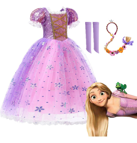 Vestido De Princesa Rapunzel Con Guantes Y Peluca Para Niñas
