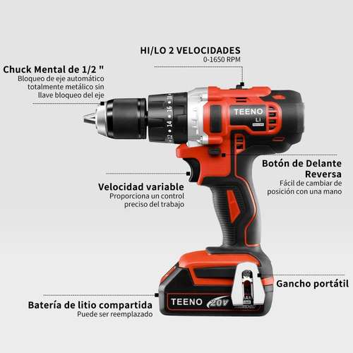 Imagen 3 de 9 de Taladro Rotomartillo1/2''teeno-916 Set 69pcs 2*2.0ah Bateria