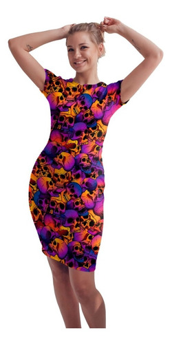 Vestido Corto Sublimado Cráneos Calavera Amarillo Morado