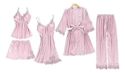 Set De Pijama Dama Sexi Ropa De Dormir Bata De Seda 5 Piezas