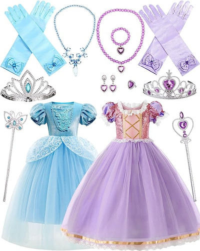 2 Piezas Disfraz Princesa Para Niña Azul Y Morado Vestido Pr
