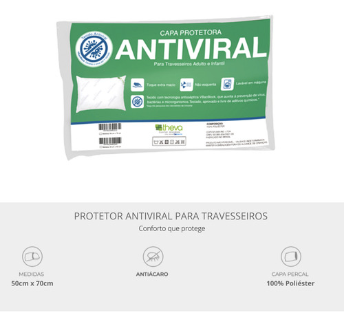 Capa Protetora De Travesseiro Antiviral 50x70cm Com Zíper