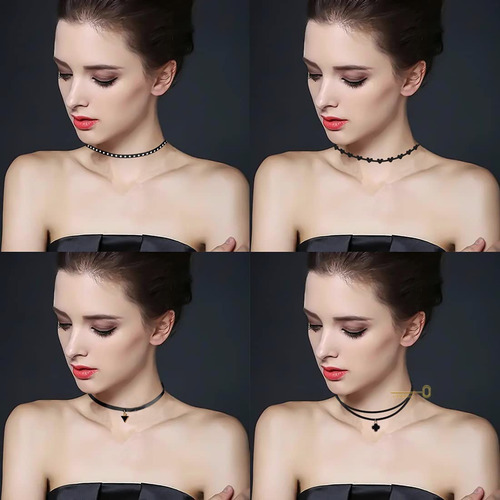 Collar Gargantilla Accesorios Mujer Negro Encaje Gotico 22pz