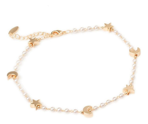 Pulsera Tobillera Lunas Y Estrellas 2mm Ajustable Chapa 18k Largo 23 Cm