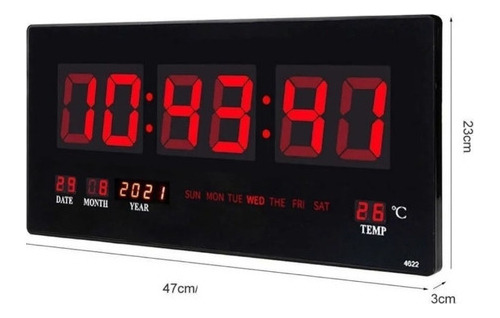 Reloj Digital Pared Luz Led Hora Fecha Temperatura 47x23cm