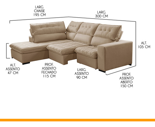 Sofá Canto Chaise E Retrátil Amsterdam Linho Bege 300x195cm