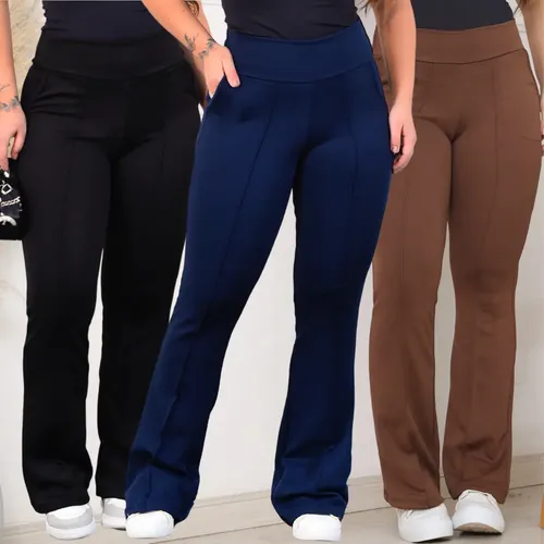 Kit 3 Calca Feminina Flare Bailarina Cintura Alta Com Bolsos