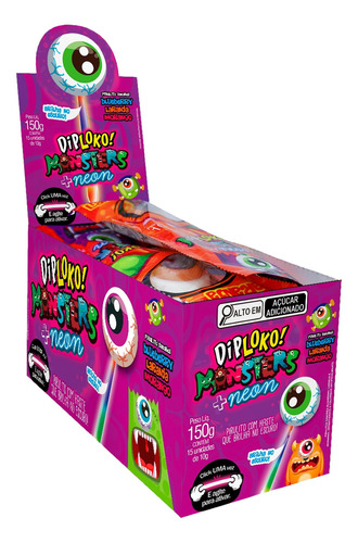 Pirulito Diploko Brilha No Escuro Monsters Olho Neon C/ 15
