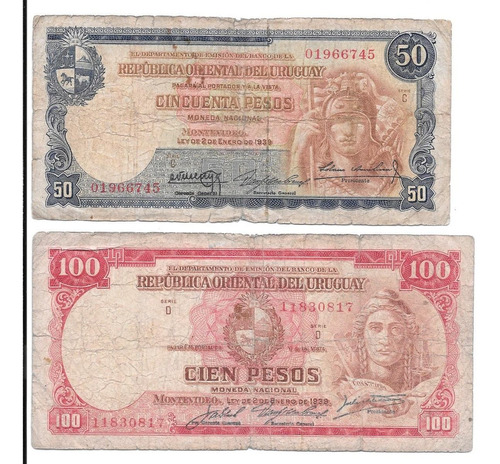 Liquido Lote De 2 Billetes De Uruguay. 50 Y 100 Pesos 1939