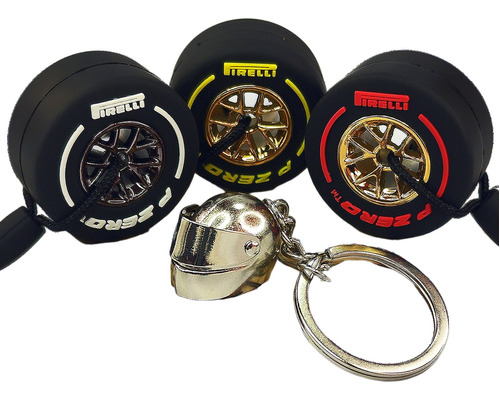 Pack Llaveros Formula 1 - Neumáticos Pirelli + Auto F1