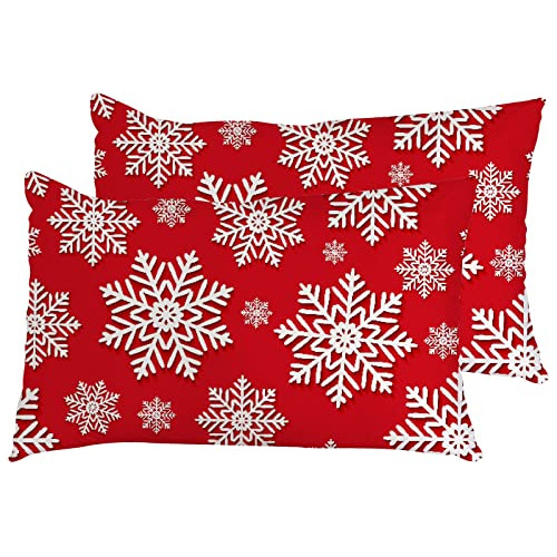 Fundas De Almohada Rojas Copos De Nieve Blancos Abstrac...