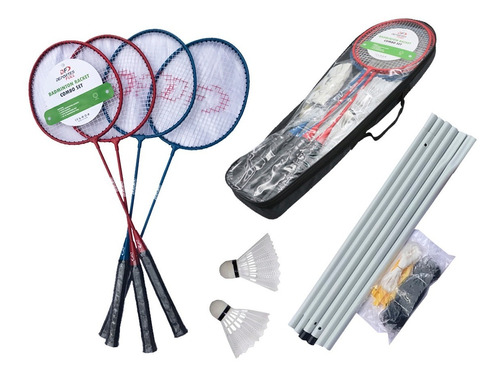 Juego De Badminton Raquetas + Plumas + Red + Soporte + Bolso