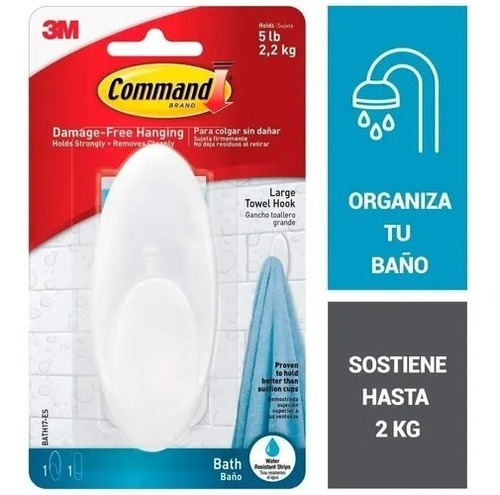 Gancho Percha  Baño Toalla Oval Pared 3m Command Blister 2kg