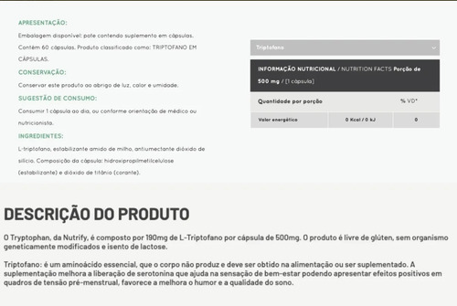 Tryptophan 190mg L-triptofano 60 Cápsulas Serotonina Nutrify Sabor Sem Sabor
