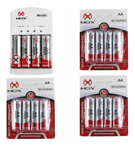 16 Pilhas Recarregáveis Mox Aa 2600mah + Carregador Rápido