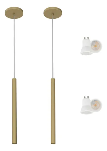 Kit 2 Pendente Tubo 40cm Quarto Lavabo Dourado Fosco C/ Led