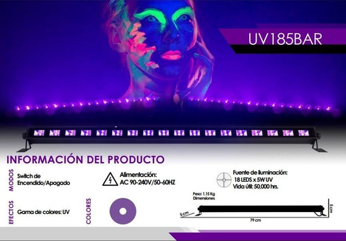 Imagen 5 de 5 de Luz Ultravioleta Uv Barra Led 18 X 5 Watts Steelpro
