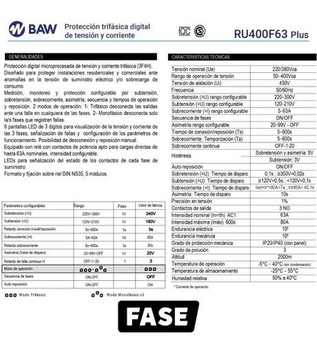 Imagen 2 de 6 de Protector Tensión Trifásico Baw 63a Plus Voltamperometrica